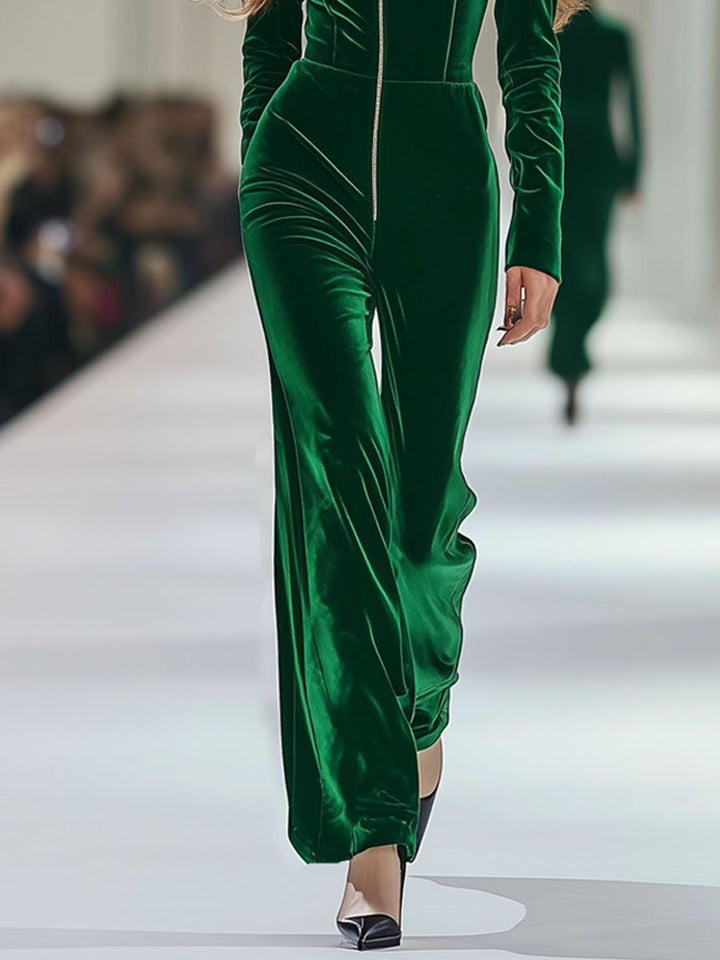 【Spedizione in 24 ore】Tuta Verde in Velluto con Zip a Maniche Lunghe, Casual e Larga