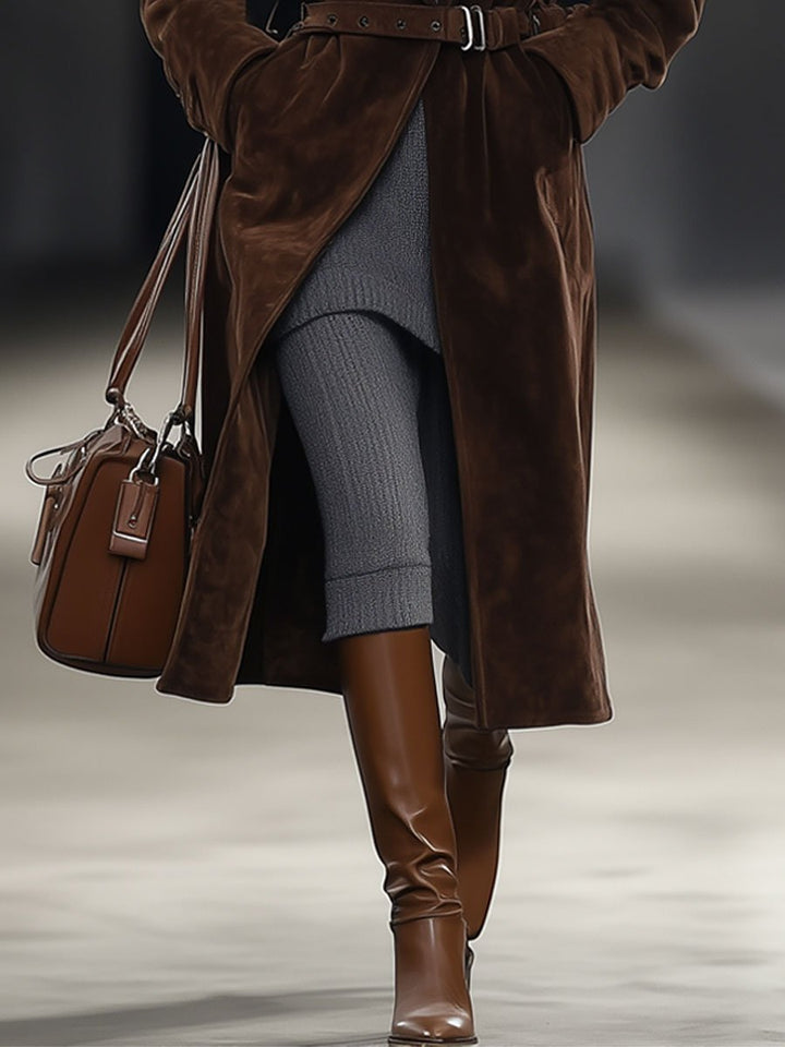 【Spedizione in 24 ore】Cappotto midi in suede belted color cioccolato, casual e loose, stile retro