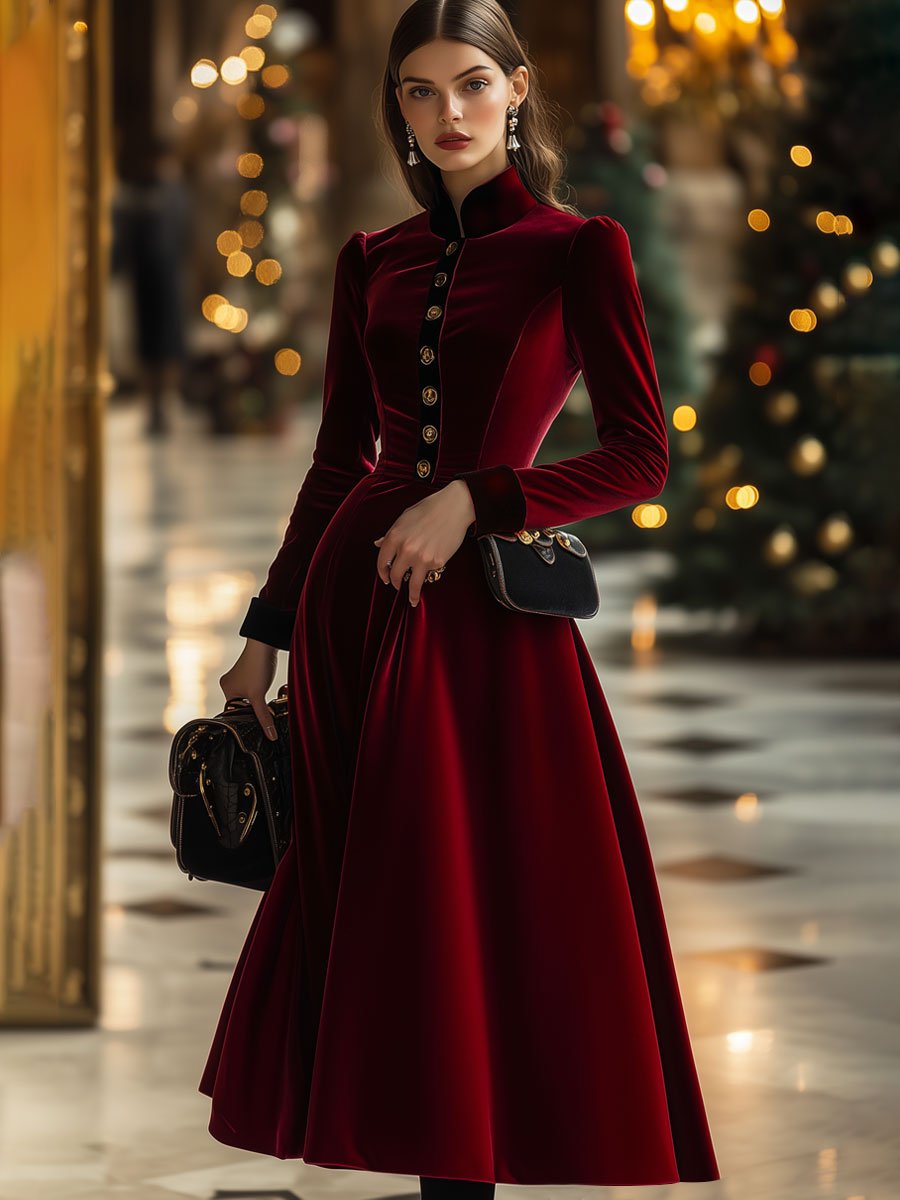 【24-hour shipping】Fashion Retro Ankola Red Velvet Single-Breasted Long-Sleeved Midi Dress