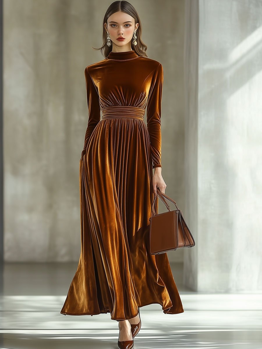 【24-hour shipping】Solid Color Simple Party Long Sleeve Half Turtleneck Maxi Dress