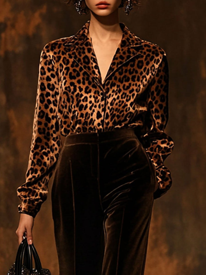 【Spedizione in 24 ore】Blusa Larga Vintage in Velluto con Stampa Leopardo a Maniche Lunghe