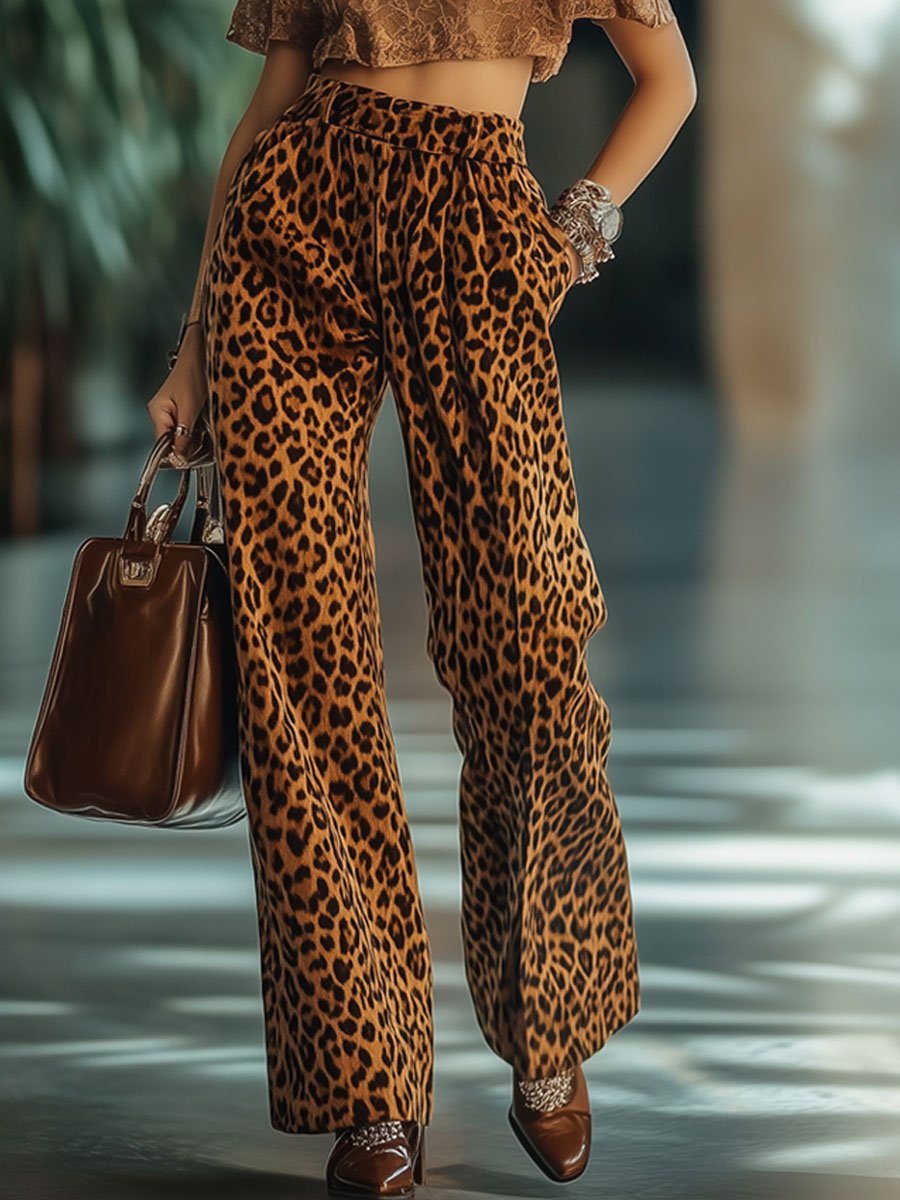 【Spedizione in 24 ore】Pantaloni casual larghi in velluto vintage con stampa leopardata, tasche e vita elastica