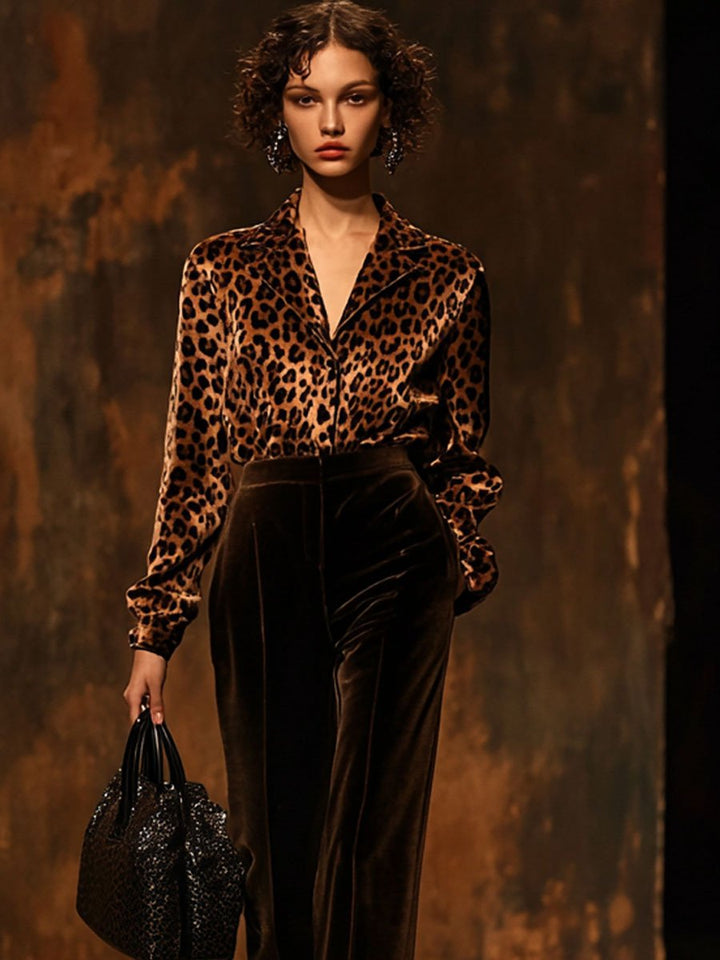 【Spedizione in 24 ore】Blusa Larga Vintage in Velluto con Stampa Leopardo a Maniche Lunghe