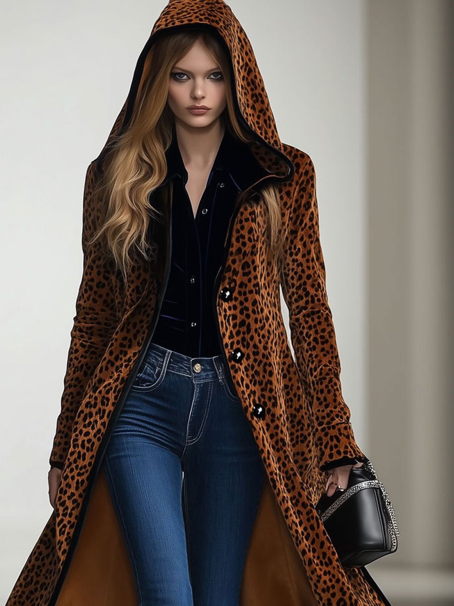 【Spedizione in 24 ore】Cappotto lungo casual loose in velluto vintage con stampa leopardata e rifiniture nere con cappuccio