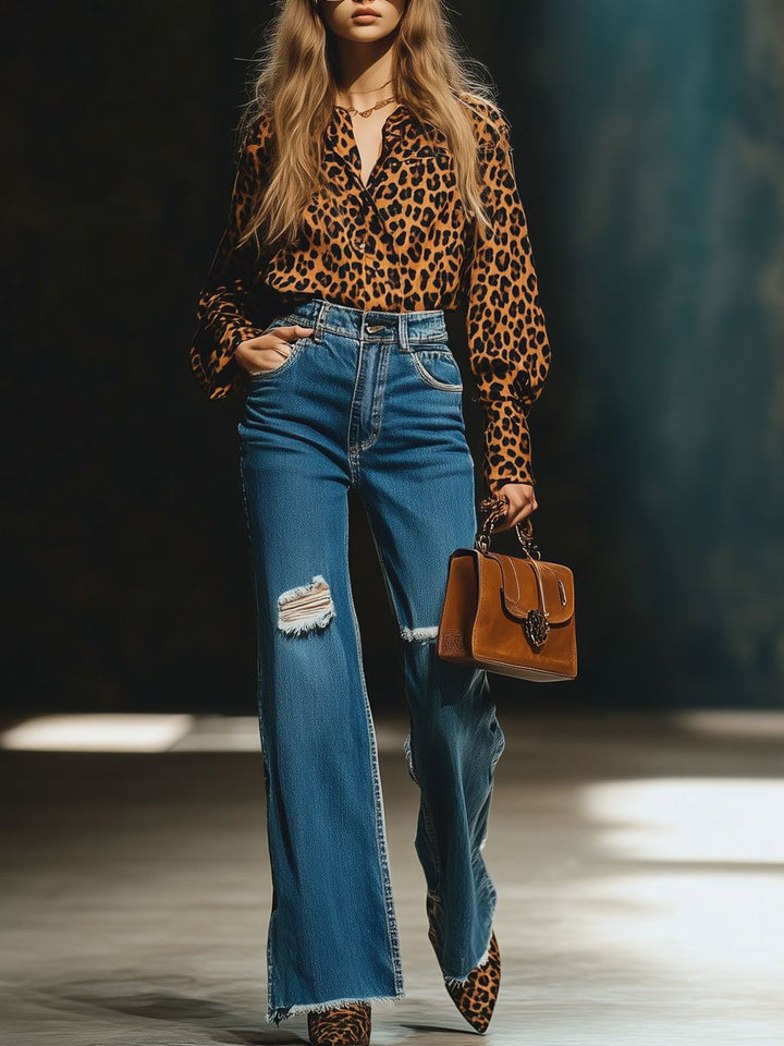 【Spedizione in 24 ore】Blusa Casual Larga Vintage in Velluto con Stampa Leopardo a Maniche Lunghe