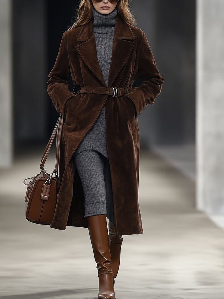 【Spedizione in 24 ore】Cappotto midi in suede belted color cioccolato, casual e loose, stile retro