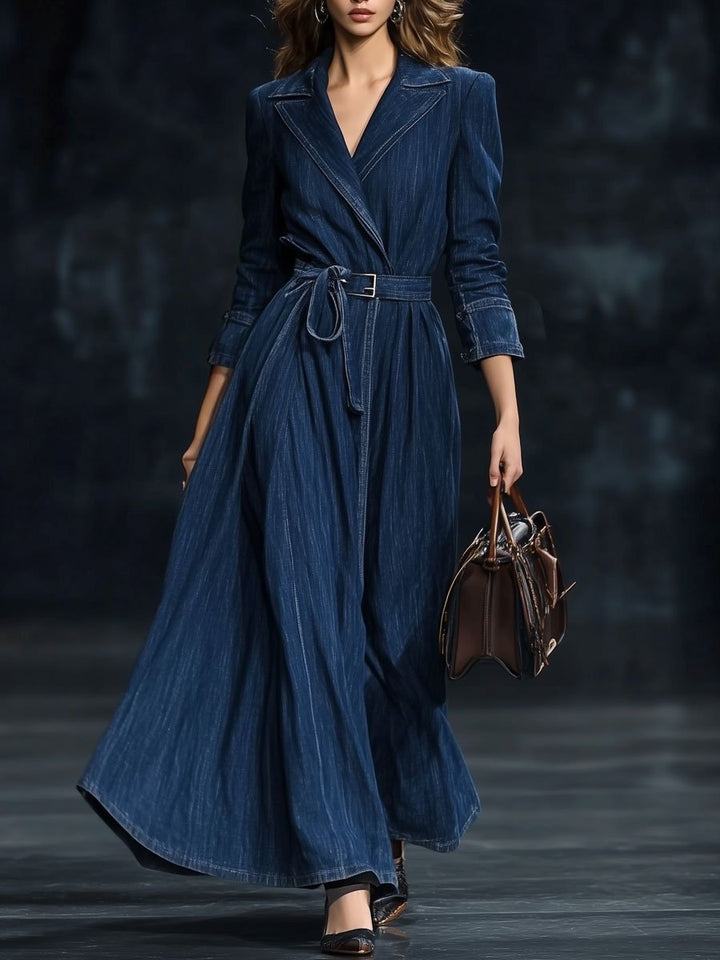 【Spedizione in 24 ore】Abito Maxi Denim Casual Retro con Cintura e Maniche Lunghe Stile Trench Coat