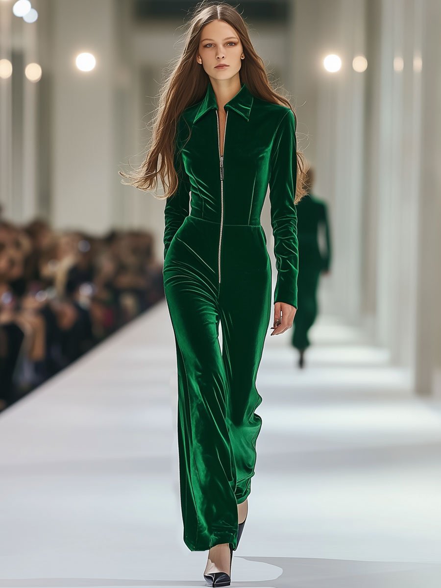 【Spedizione in 24 ore】Tuta Verde in Velluto con Zip a Maniche Lunghe, Casual e Larga