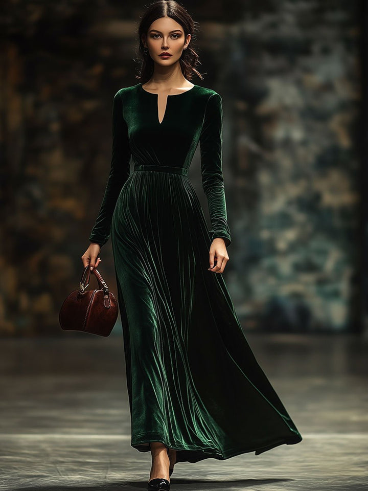 【24-hour shipping】Round V-neck Fashion Party Holiday Solid Color Velvet Long Sleeve Maxi Dress