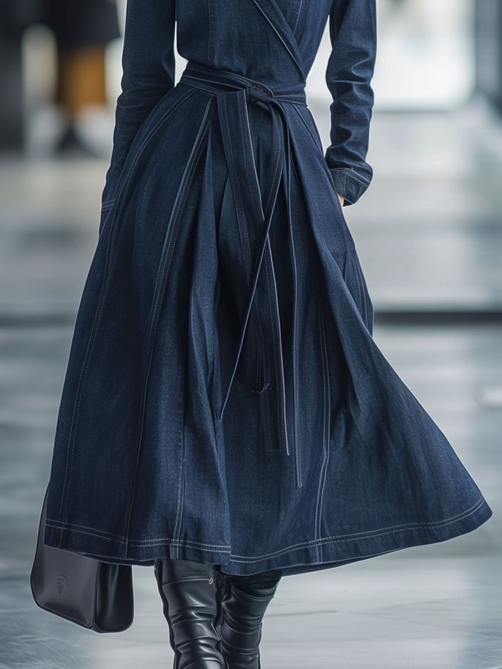 【Spedizione in 24 ore】Abito midi in denim con trench coat lungo, maniche lunghe e cintura in stile retrò