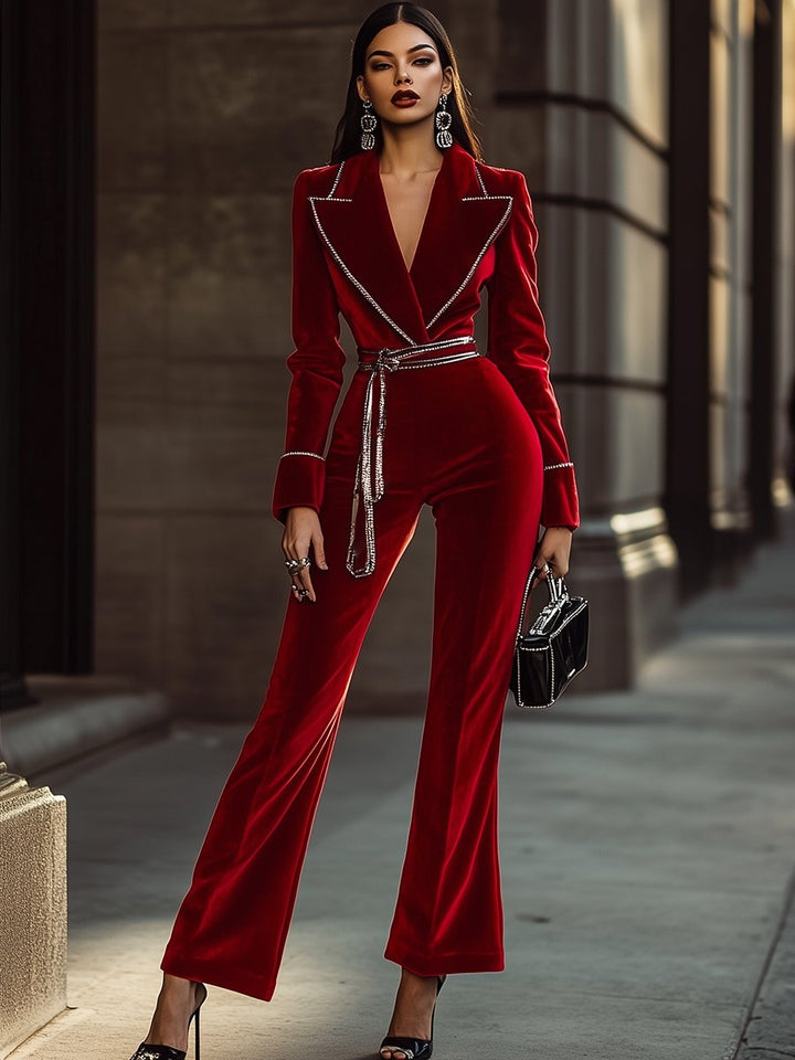 【Spedizione in 24 ore】Tuta in Velluto Rosso Elegante e Alla Moda Con Bordo Argento