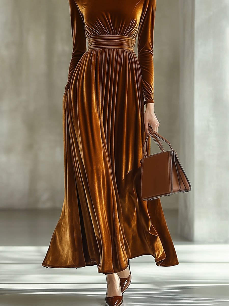 【24-hour shipping】Solid Color Simple Party Long Sleeve Half Turtleneck Maxi Dress