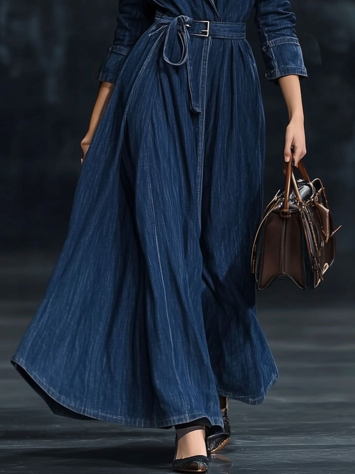 【Spedizione in 24 ore】Abito Maxi Denim Casual Retro con Cintura e Maniche Lunghe Stile Trench Coat