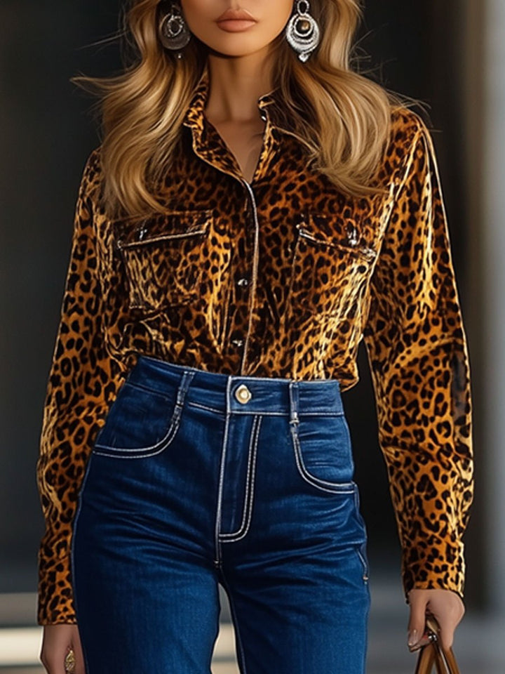 【Spedizione in 24 ore】Blusa casual larga in velluto vintage con tasca leopardata a maniche lunghe