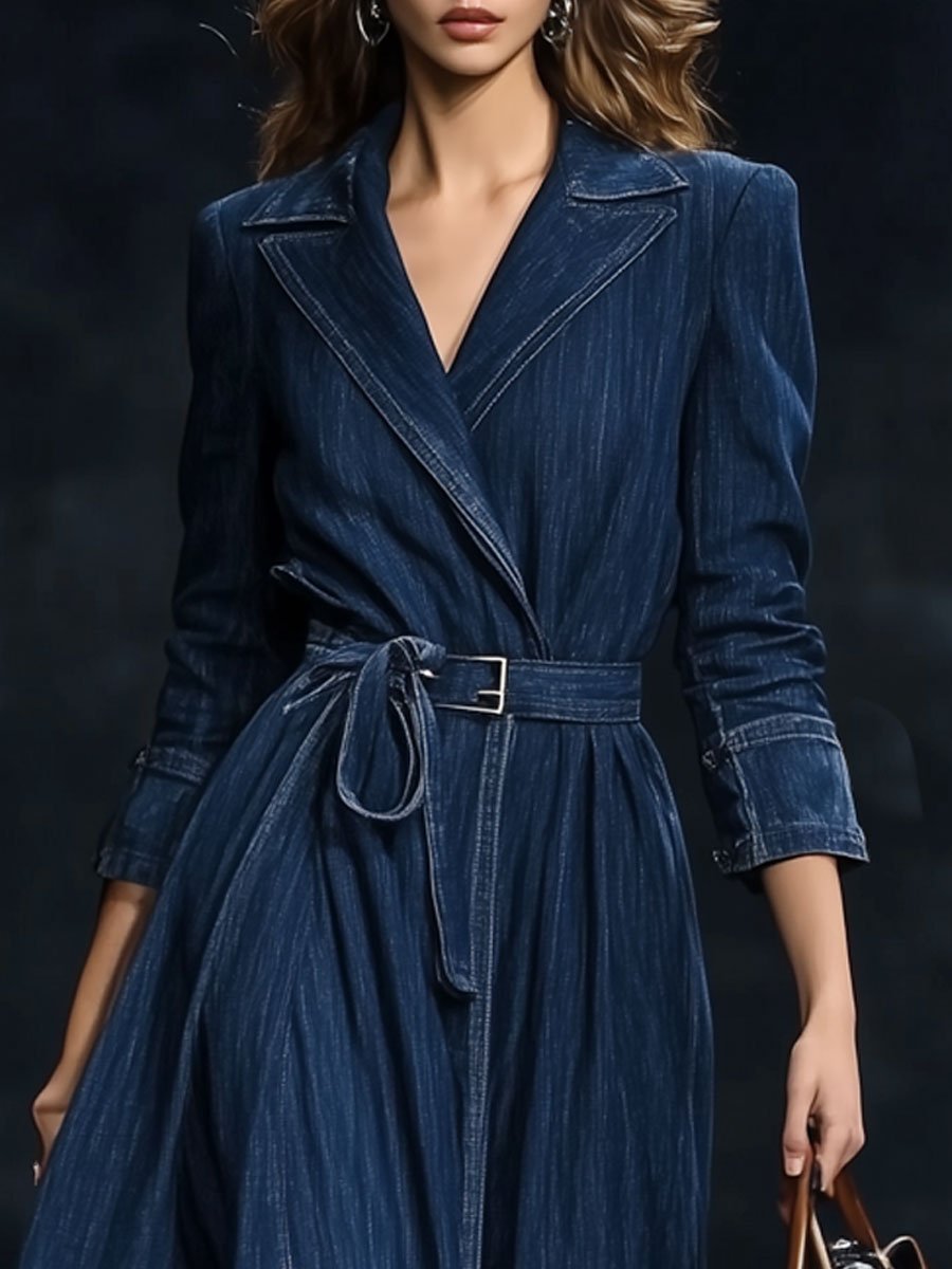 【Spedizione in 24 ore】Abito Maxi Denim Casual Retro con Cintura e Maniche Lunghe Stile Trench Coat