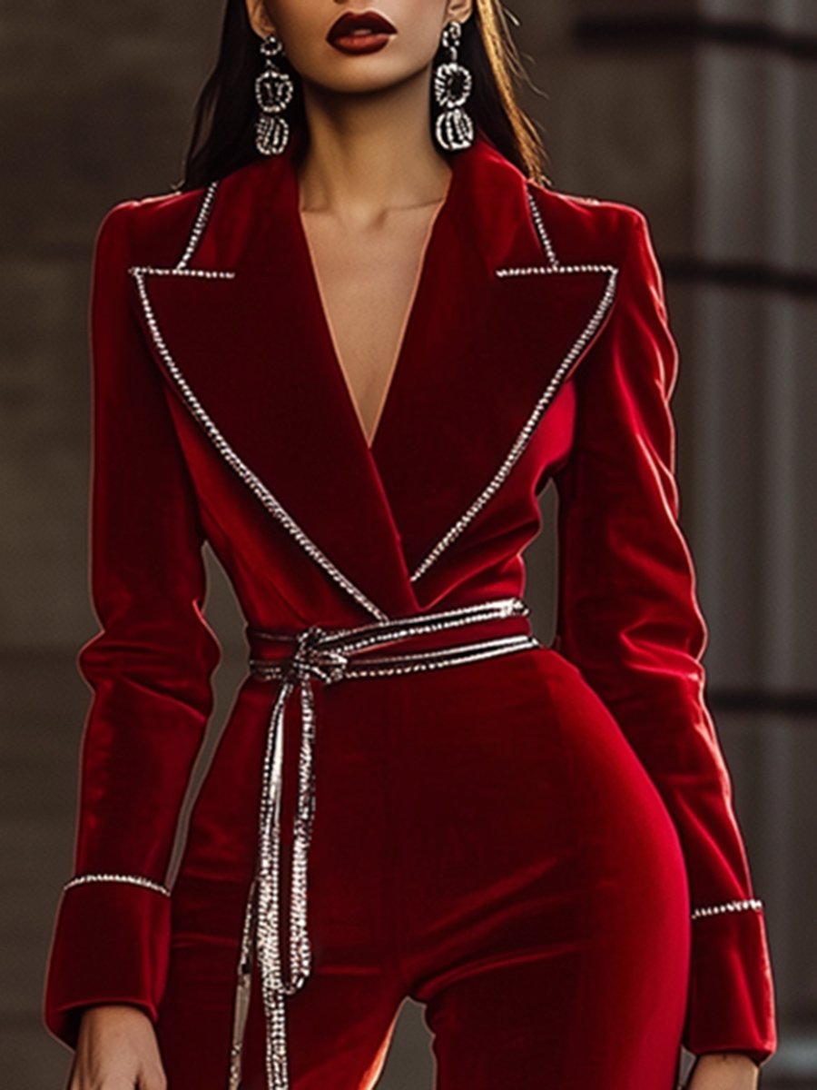 【Spedizione in 24 ore】Tuta in Velluto Rosso Elegante e Alla Moda Con Bordo Argento