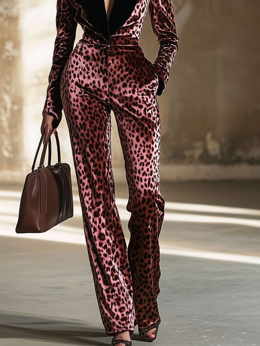 【Spedizione in 24 ore】Tuta Larga Casual Retro in Velluto con Stampa Leopardo e Collo Colorblock a Maniche Lunghe