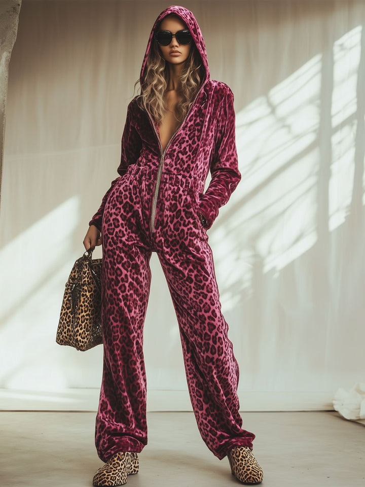 【Spedizione in 24 ore】Tuta Cappuccio in Velluto Rosa Retro a Stampa Leopardo con Vita Elastico e Zip