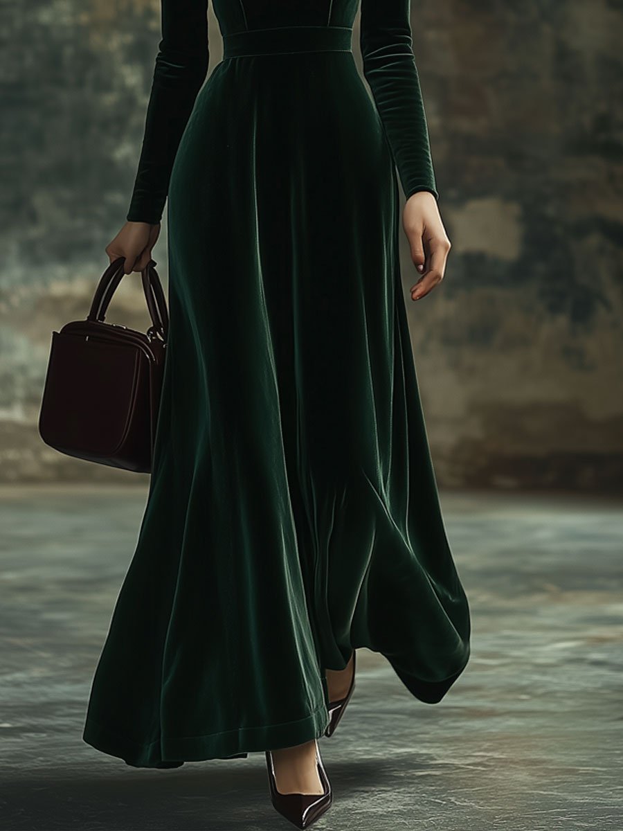 【24-hour shipping】Fashion Party Solid Color Velvet Stand Collar Bowknot Long Sleeve Maxi Dress