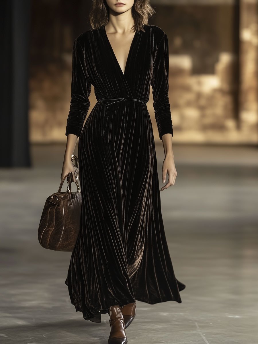 【24-hour shipping】V-Neck Retro Solid Color Belted Velvet Long-Sleeved Maxi Dress