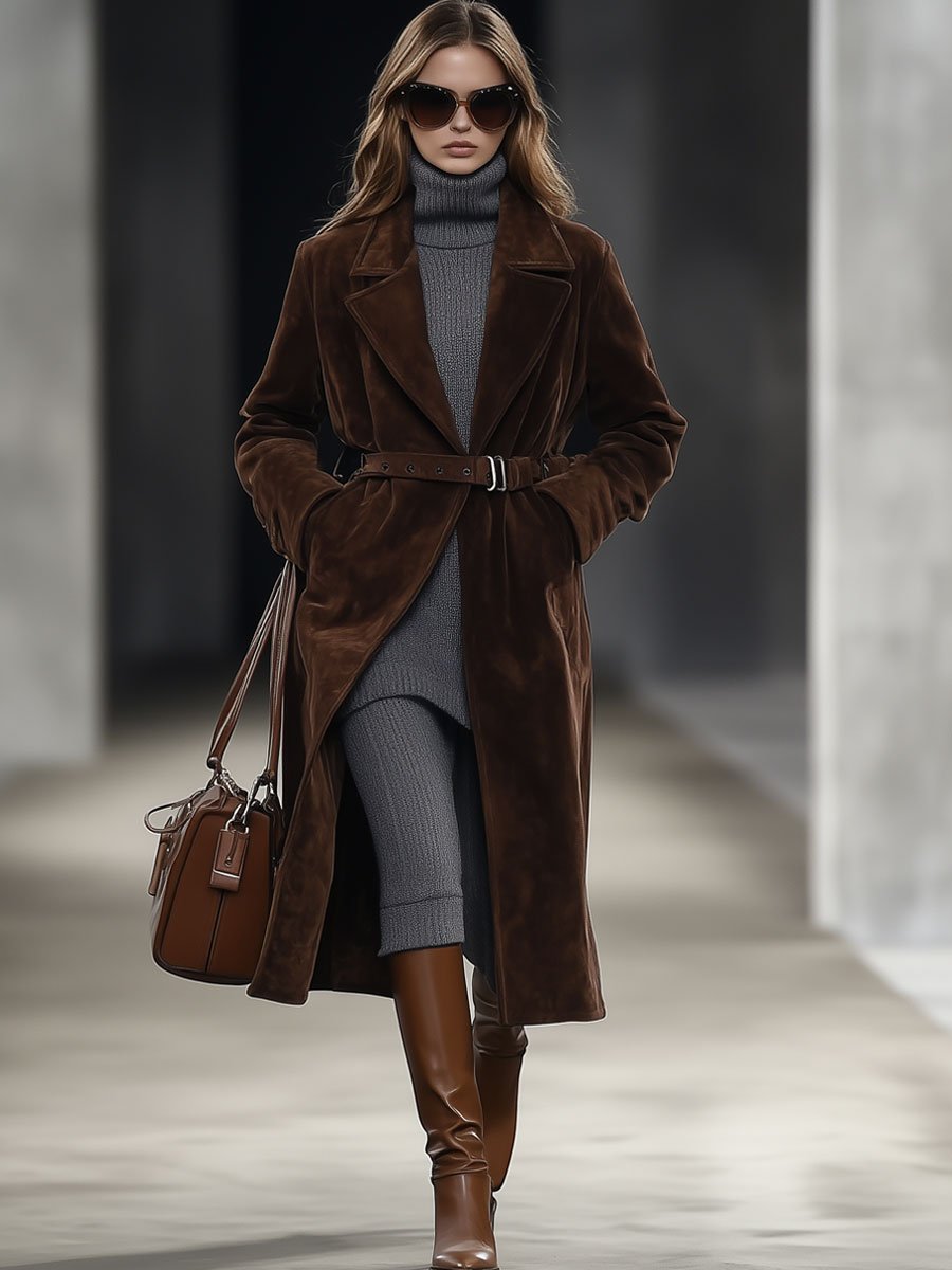 【Spedizione in 24 ore】Cappotto midi in suede belted color cioccolato, casual e loose, stile retro