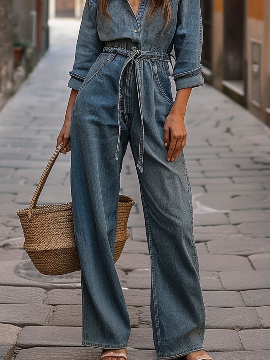 【Spedizione in 24 ore】Tuta in denim casuale, larga, con tasche e cintura, maniche lunghe