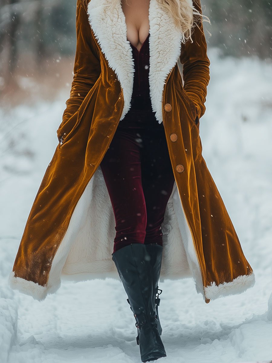 【Spedizione in 24 ore】Cappotto lungo con tasche in velluto e lana vintage a taglio ampio, monopetto