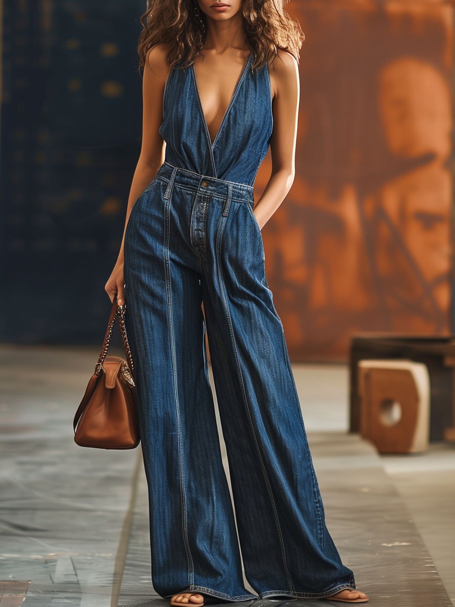 【Spedizione in 24 ore】Tuta Vintage in Denim Senza Maniche a V