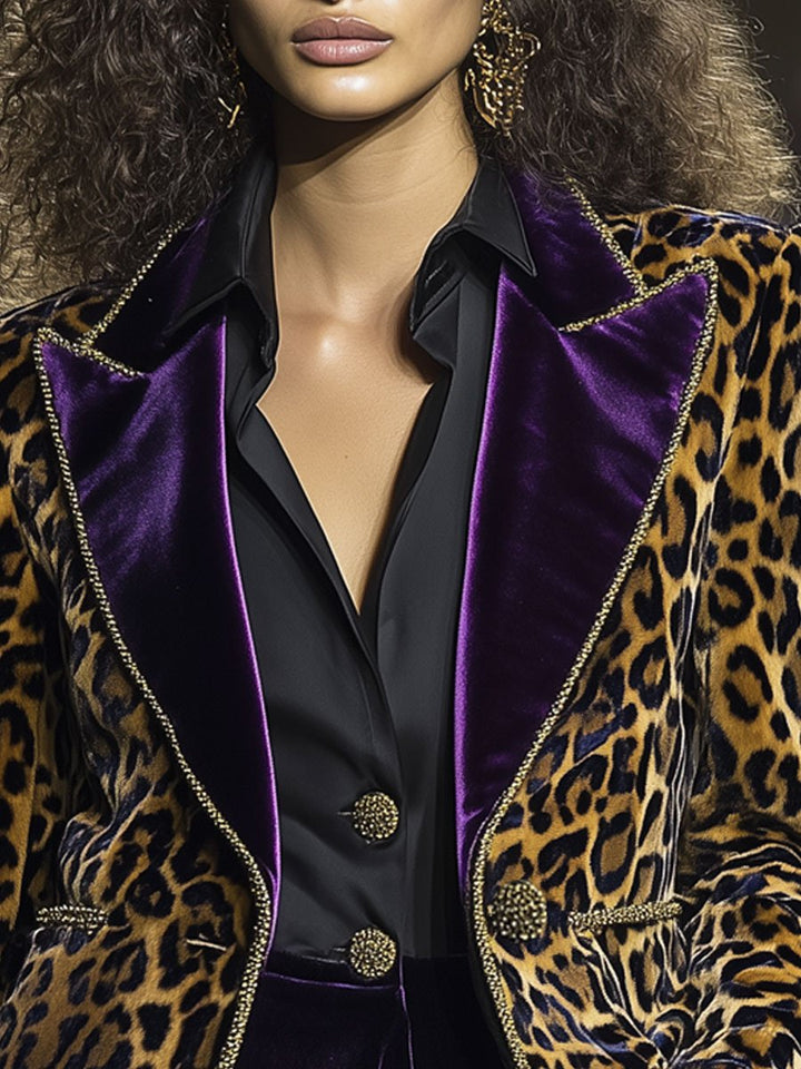 【Spedizione in 24 ore】Blazer Casual Vintage in Velluto con Stampa Leopardo e Rever a Contrasto