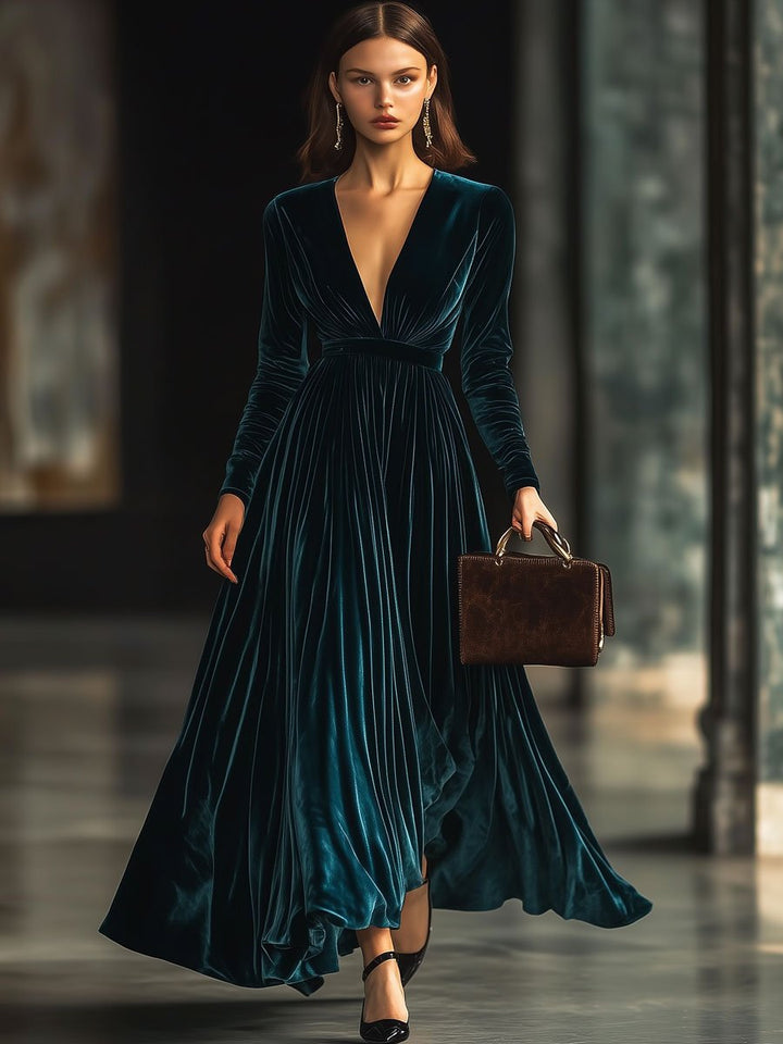 【24-hour shipping】V-Neck Fashion Party Solid Color Velvet Long-Sleeved Maxi Dress