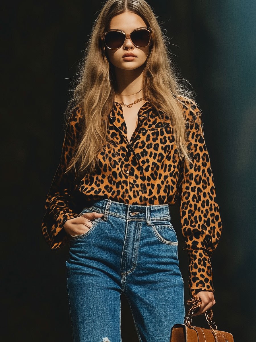 【Spedizione in 24 ore】Blusa Casual Larga Vintage in Velluto con Stampa Leopardo a Maniche Lunghe