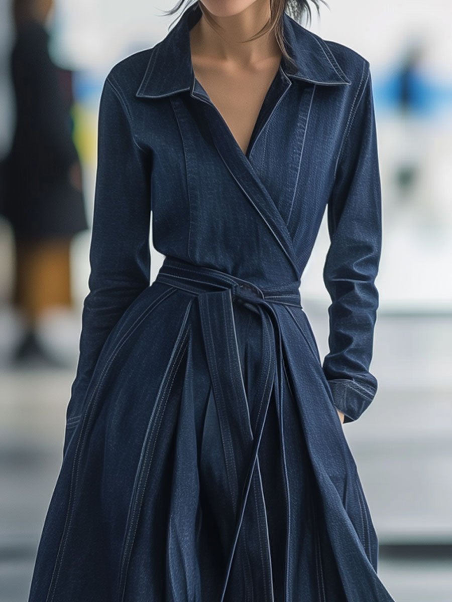 【Spedizione in 24 ore】Abito midi in denim con trench coat lungo, maniche lunghe e cintura in stile retrò