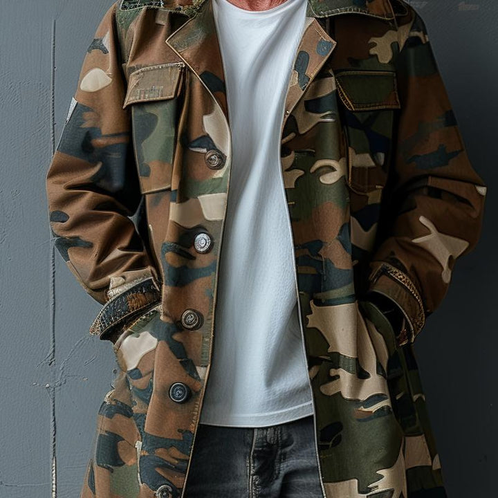 Cappotto Trench Cargo da Uomo con Collo a Revers e Tasche sul Petto in Stile Camouflage, Monopetto, di Lunghezza Media 74550095Z