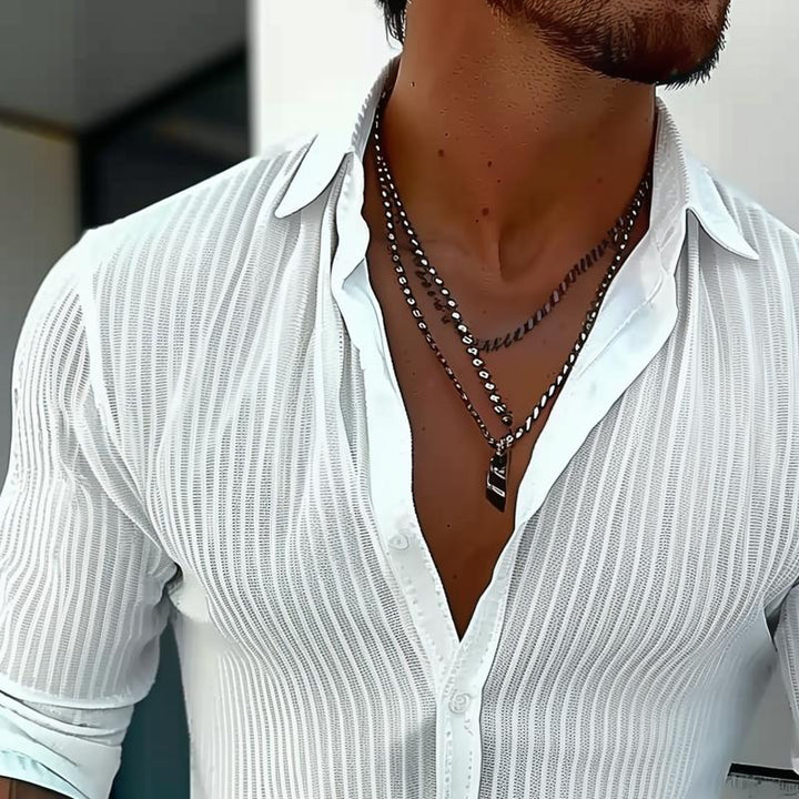 Camicia da uomo a maniche lunghe a righe con colletto in tinta unita 94598700Z