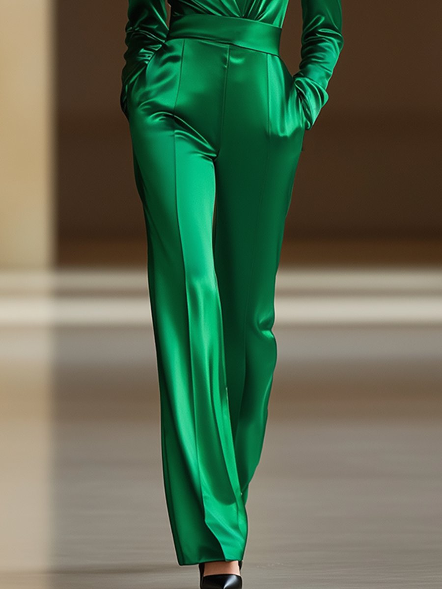 【Spedizione in 24 ore】Tuta ampia in satin verde con scollo a V in stile retro