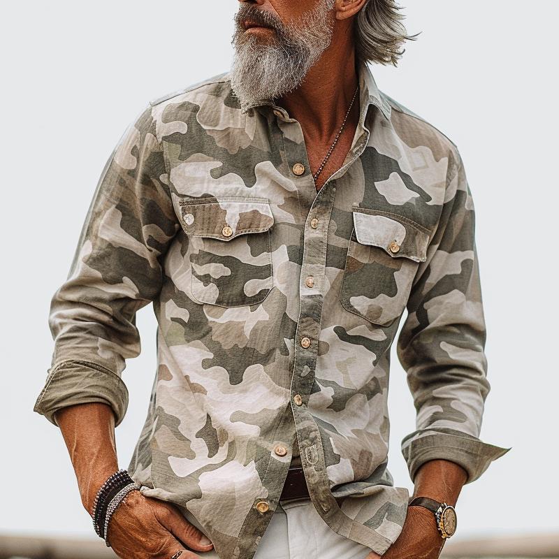 Camicia da uomo camouflage con colletto e tasca sul petto 72098909Z