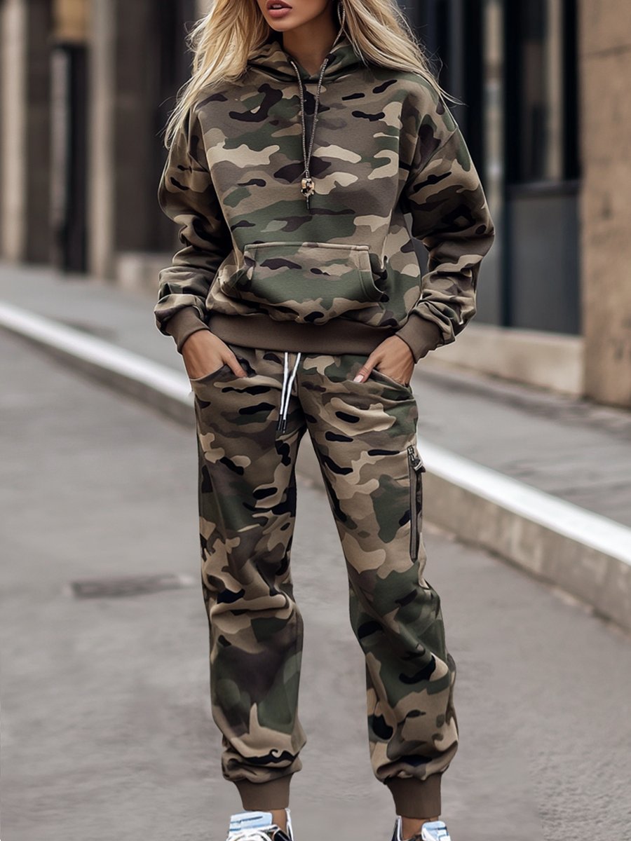 【Spedizione in 24 ore】Set di Felpa con Cappuccio e Pantaloni in Stile Retro Camouflage con Tasche