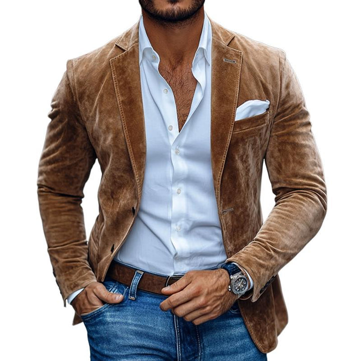 Blazer Casual da Uomo in Camoscio Solido con Rever a Notch e Due Bottoni 01543684Z