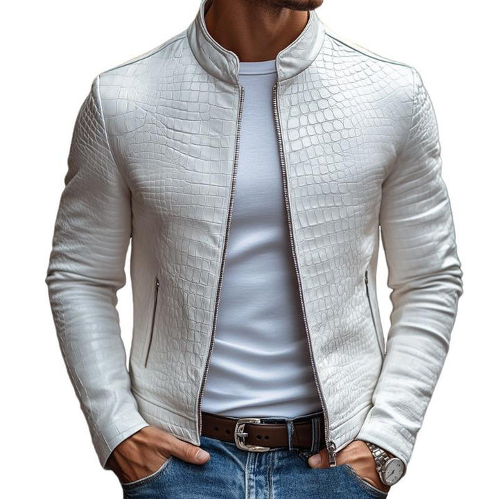 Giacca in Pelle Slim Fit con Collo Alto e Zip, Motivo Pietra da Uomo 45773252M