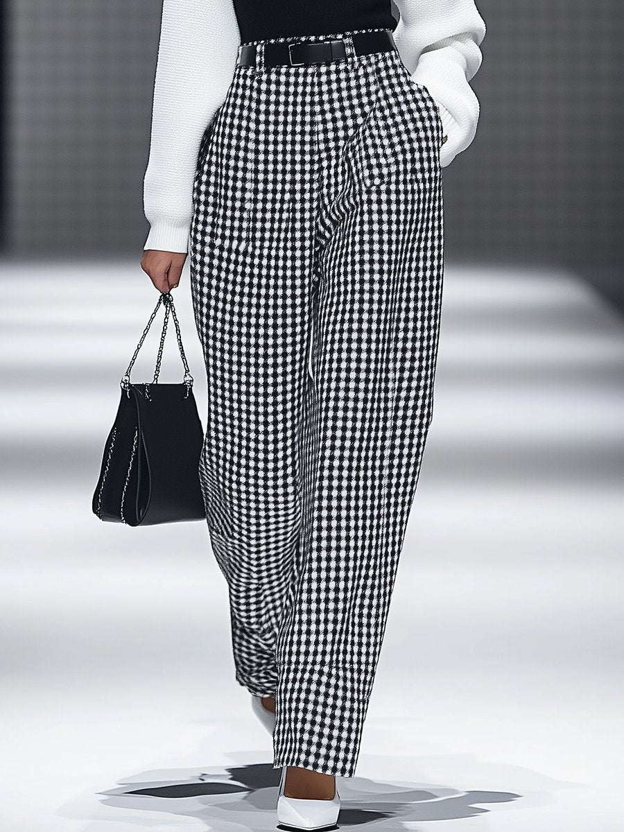 【Spedizione in 24 ore】Pantaloni dritti con tasche in houndstooth retro moda