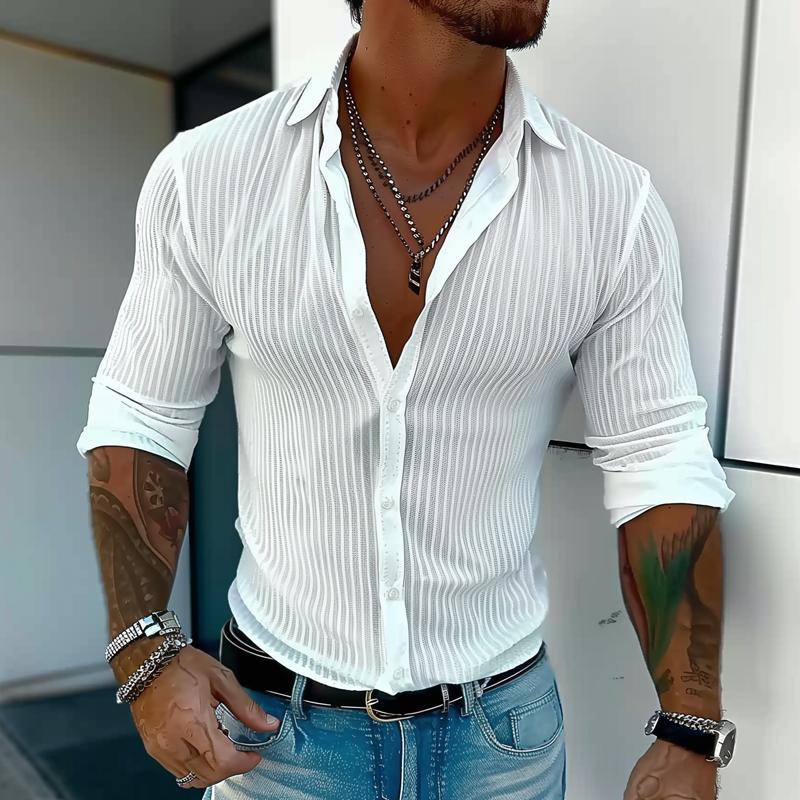 Camicia da uomo a maniche lunghe a righe con colletto in tinta unita 94598700Z