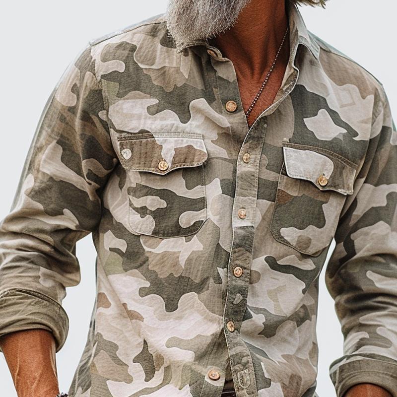 Camicia da uomo camouflage con colletto e tasca sul petto 72098909Z