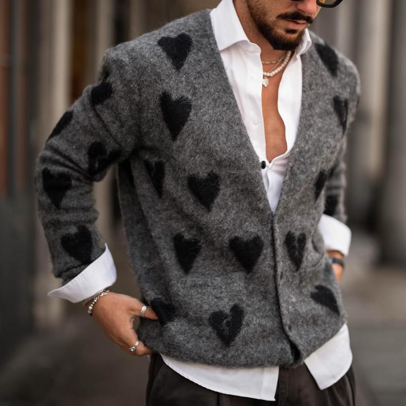 Cardigan in Maglia da Uomo con Grafica a Cuore e Collo a V 01457661Z