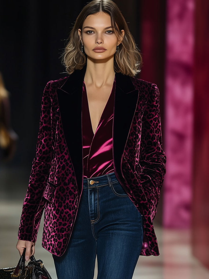 【Spedizione in 24 ore】Blazer con Risvolto in Velluto a Coste Stampa Leopardo di Lusso Retro alla Moda