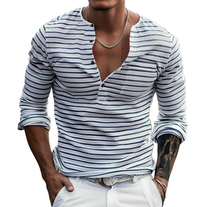 T-shirt Casual a Maniche Lunghe con Collo Henley a Righe da Uomo 00046965Z