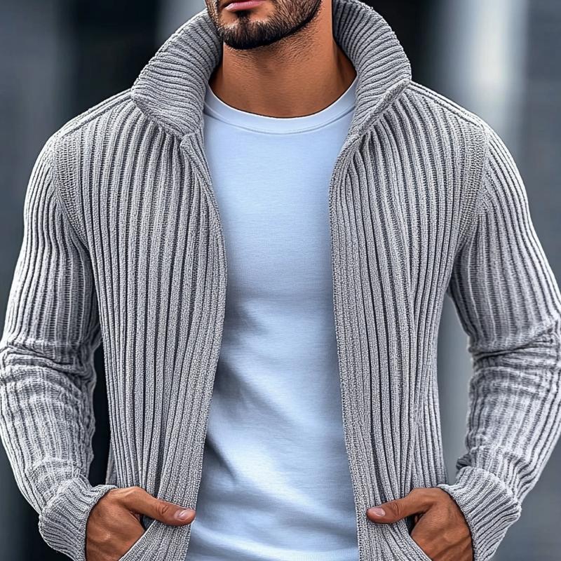 Cardigan da Uomo a Collo Alto a Righe e a Colore Unito con Maniche Lunghe 40403507Z