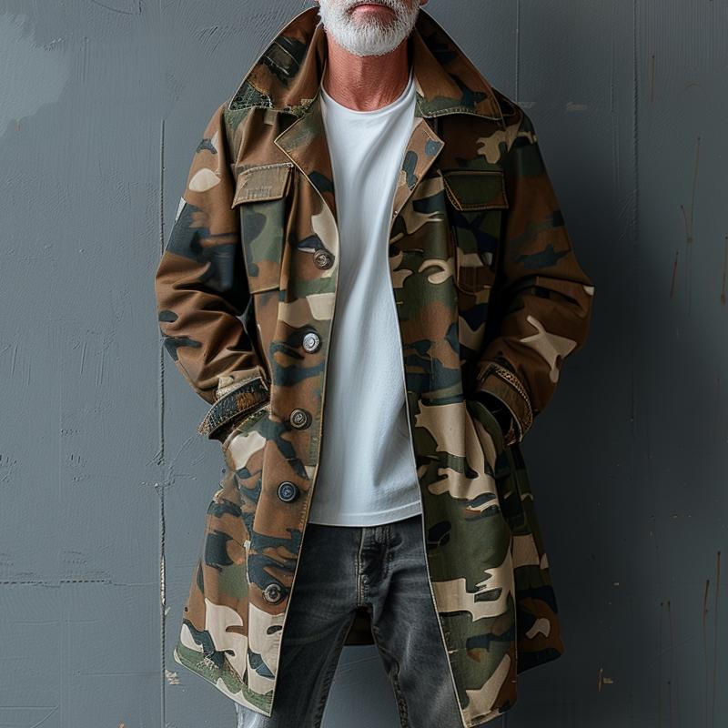 Cappotto Trench Cargo da Uomo con Collo a Revers e Tasche sul Petto in Stile Camouflage, Monopetto, di Lunghezza Media 74550095Z