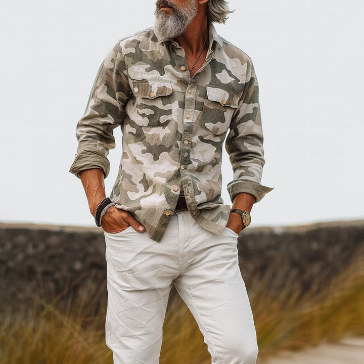 Camicia da uomo camouflage con colletto e tasca sul petto 72098909Z