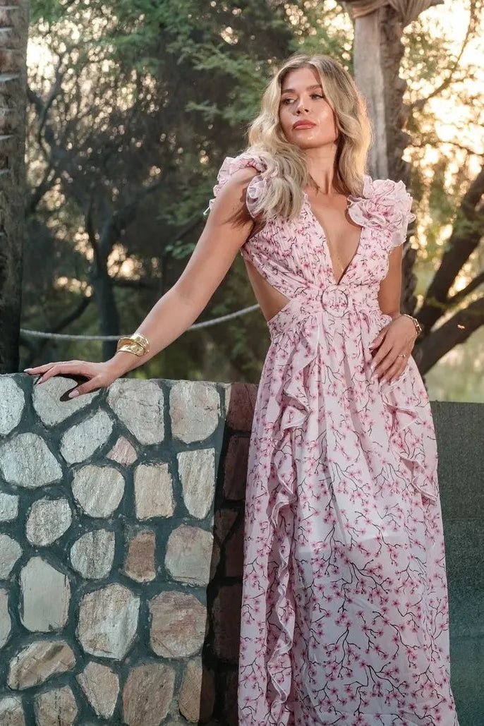 Suzanne Maxidress with floral print and cutouts